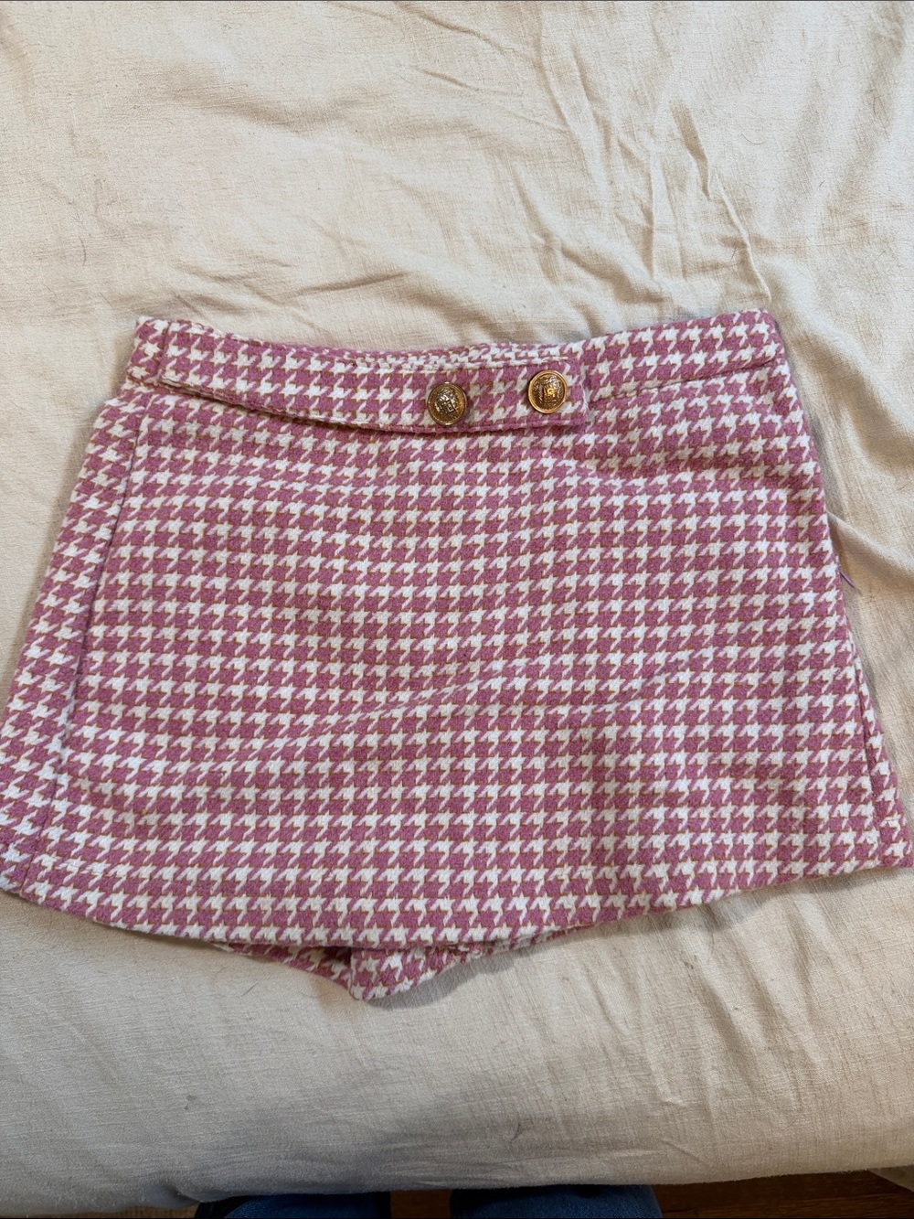 Pink Houndstooth High-Waist Shorts with Gold Button Detail
